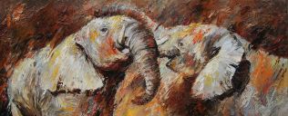 Schilderijen: Verkocht werk, Handje-drukkende jonge mannetjesolifanten, olieverf op linnen, 70x170 cm