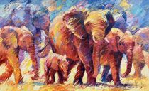 Schilderijen: Verkocht werk, Herd of elephants in the Serengeti, olieverf op linnen, 110x180 cm
