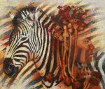 Schilderijen: Verkocht werk, Himba-vrouw met zebra, olieverf op linnen, 110x130 cm