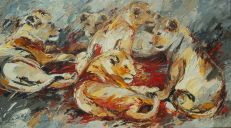 Paintings: Sold work, Lazy young lions in the Serengeti, oil on canvas, 90x160 cm