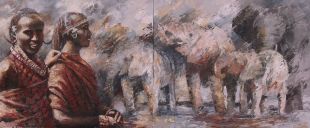 Paintings: Sold work, Maasai men with elephant herd, oil on canvas, 100 x 240 cm (two-part)