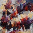 Paintings: Sold work, Hippopotamus with young, oil on canvas, 80x80 cm