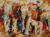 Schilderijen: Verkocht werk, Olifantenfamilie met kleintje, olieverf op linnen, 90 x 120 cm