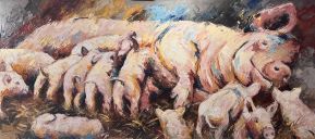Paintings: Sold work, Pigs Family, 80x180 cm. oil on canvas