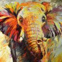 Paintings: Sold work, Trumpeting elephant, oil on canvas, 100x100 cm